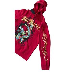 NEW Ed Hardy‎ Mens Hoodie W Dragon Graphic Red Size M